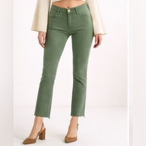 MOTHER The Rascal Ankle Snippet Jeans Army Green High Rise Raw Hem Skinny 25